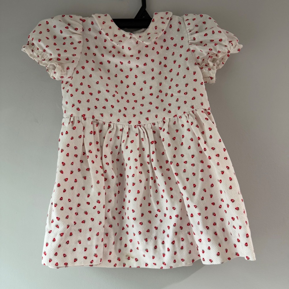 Handmade‎ Strawberry Print Dress Girls Toddler White Red Good Waffle Knit 2T 3T